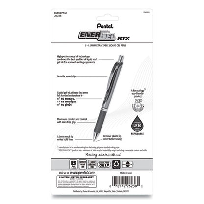 Energel Rtx Gel Pen, Retractable, Bold 1 Mm, Assorted Ink And Barrel Colors, 5/pack