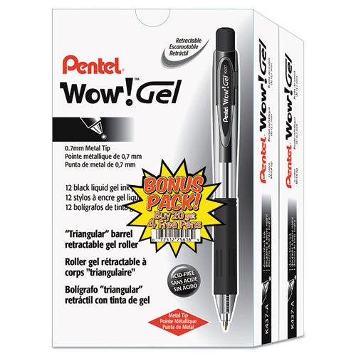 Wow! Gel Pen, Retractable, Medium 0.7 Mm, Black Ink, Clear/black Barrel, 24/pack