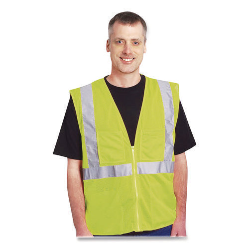 Ansi Class 2 Two-pocket Zipper Mesh Safety Vest, Large, Hi-viz Lime Yellow