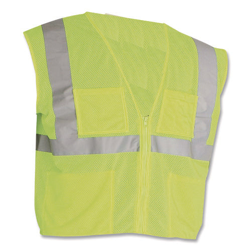 Ansi Class 2 Four Pocket Zipper Safety Vest, Polyester Mesh, Large, Hi-viz Lime Yellow