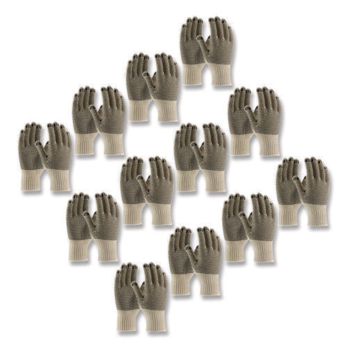 Pvc-dotted Cotton/polyester Work Gloves, Reversible, Large, Beige/black, 12 Pairs