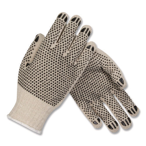 Pvc-dotted Cotton/polyester Work Gloves, Reversible, Large, Beige/black, 12 Pairs