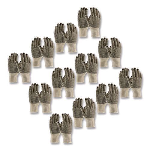 Pvc-dotted Cotton/polyester Work Gloves, Reversible, Small, Beige/black, 12 Pairs