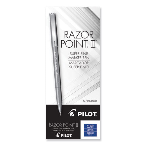 Razor Point Ii Super Fine Line Porous Point Pen, Stick, Super-fine 0.2 Mm, Blue Ink, Blue Barrel, Dozen