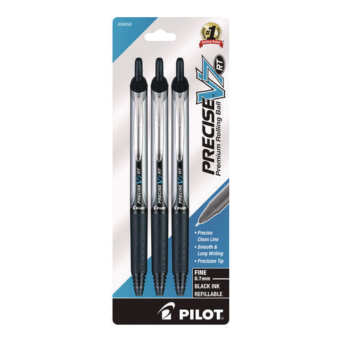 Precise V7rt Rollerball Pen, Retractable, Fine 0.7 Mm, Black Ink, Black Barrel, 3/pack