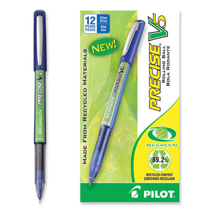 Precise V5 Begreen Rollerball Pen, Stick, Extra-fine 0.5 Mm, Blue Ink, Blue Barrel, Dozen