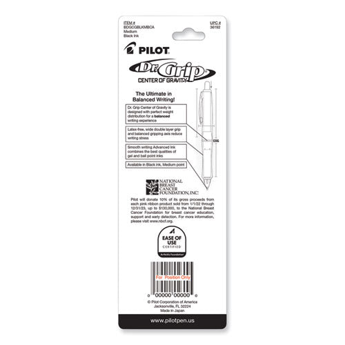 Dr. Grip Center Of Gravity Breast Cancer Awareness Ballpoint Pen, Retractable, Medium 1 Mm, Black Ink, Silver/pink Barrel