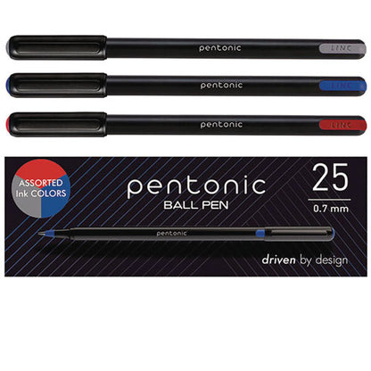 Pentonic Ballpoint Pen, Stick, Fine 0.7 Mm, Assorted Ink Colors, Black Barrel, 25/pack