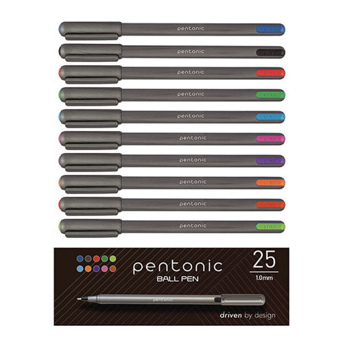 Pentonic Ballpoint Pen, Stick, Medium 1 Mm, Assorted Ink Colors, Charcoal Gray Barrel, 25/pack