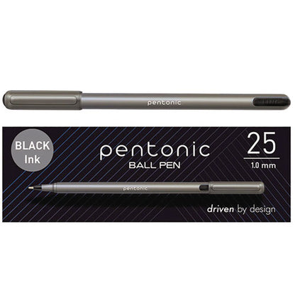 Pentonic Ballpoint Pen, Stick, Medium 1 Mm, Black Ink, Charcoal Gray Barrel, 25/pack