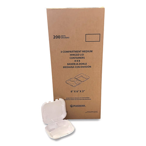 Foam Hinged Lid Containers, 3-compartment, 8.56 X 8 X 2.76, White, Foam, 200/carton