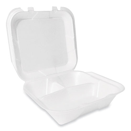 Foam Hinged Lid Container, Secure Two Tab Latch, Poly Bag, 3 Compartments, 9 X 9 X 3, White, 100/bag, 2 Bags/carton