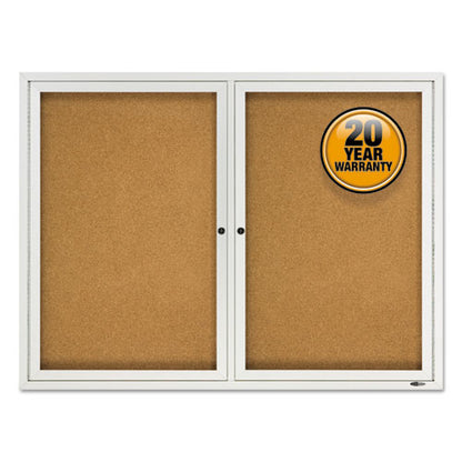 Enclosed Outdoors Bulletin Board With Two Doors, 48" X 36", Tan Surface, Anodized Aluminum Frame