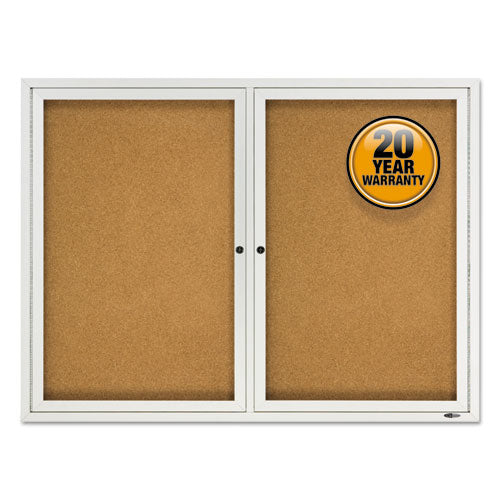 Enclosed Outdoors Bulletin Board With Two Doors, 48" X 36", Tan Surface, Anodized Aluminum Frame