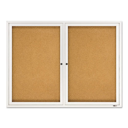 Enclosed Indoor Cork Bulletin Board With Two Hinged Doors, 48" X 36", Tan Surface, Satin Aluminum Frame