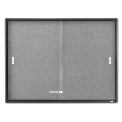 Enclosed Indoor Cork/fabric Bulletin Board With 2 Sliding Glass Doors, 48" X 36", Gray Surface, Graphite Gray Aluminum Frame