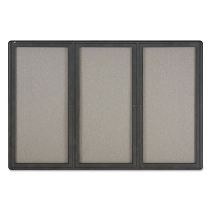 Enclosed Indoor Fabric Bulletin Board With Three Hinged Doors, 72" X 48", Gray Surface, Graphite Gray Aluminum Frame