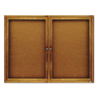 Enclosed Indoor Cork Bulletin Board With Two Hinged Doors, 48" X 36", Tan Surface, Oak Finished Fiberboard (mdf) Frame