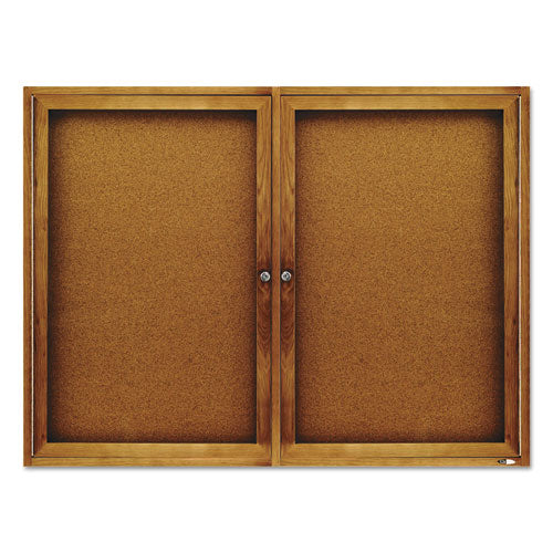 Enclosed Indoor Cork Bulletin Board With Two Hinged Doors, 48" X 36", Tan Surface, Oak Finished Fiberboard (mdf) Frame