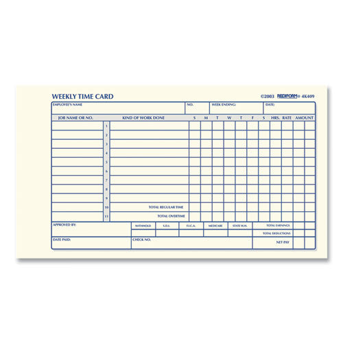 Weekly Employee Time Cards, Sunday-saturday, One Side, 4.25 X 7, 100/pad