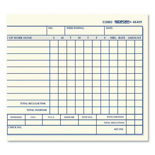 Weekly Employee Time Cards, Sunday-saturday, One Side, 4.25 X 7, 100/pad