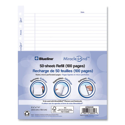 Ruled Paper Refill Sheets For All Miraclebind Notebooks And Planners, 9.25 X 7.25, White/blue Sheets, Undated, 50/pack