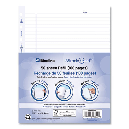 Ruled Paper Refill Sheets For All Miraclebind Notebooks And Planners, 9.25 X 7.25, White/blue Sheets, Undated, 50/pack