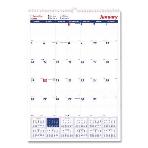 Twin-wirebound Wall Calendar, One Month Per Page, 12 X 17, White/blue Sheets, 12-month (jan To Dec): 2026