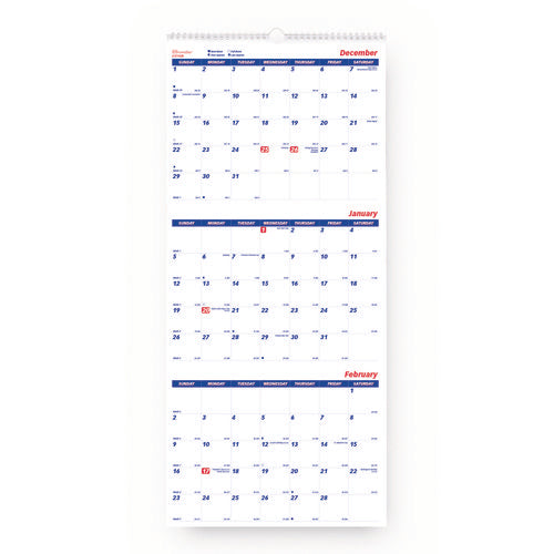 Three-month Wall Calendar, 12.25" X 27", White/blue Sheets, 14-month: Dec 2025 To Jan 2027