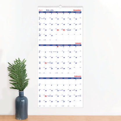 Three-month Wall Calendar, 12.25" X 27", White/blue Sheets, 14-month: Dec 2025 To Jan 2027