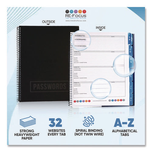 Large Password Log Book, User-name/password Format, Black Cover, (48) 10 X 7.5 Sheets
