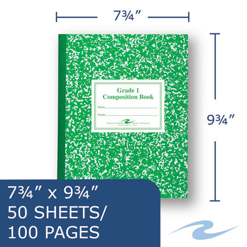 Grade School Ruled Composition Book, Grade 1 Manuscript Format, Green Marble Cover, (50) 9.75 X 7.75 Sheets