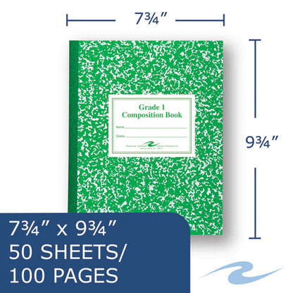 Grade School Ruled Composition Book, Grade 1 Manuscript Format, Green Marble Cover, (50) 9.75 X 7.75 Sheets