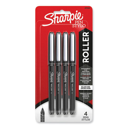 Professional Design Rollerball Pen, Stick, Fine 0.5 Mm, Black Ink, Black Barrel, 4/pack
