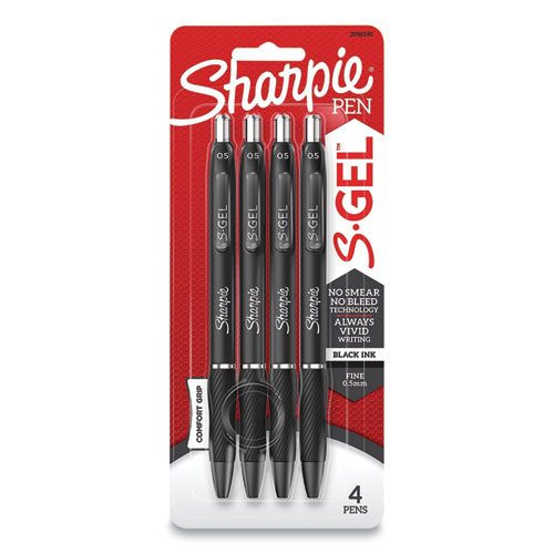 S-gel High-performance Gel Pen, Retractable, Fine 0.5 Mm, Black Ink, Black Barrel, 4/pack