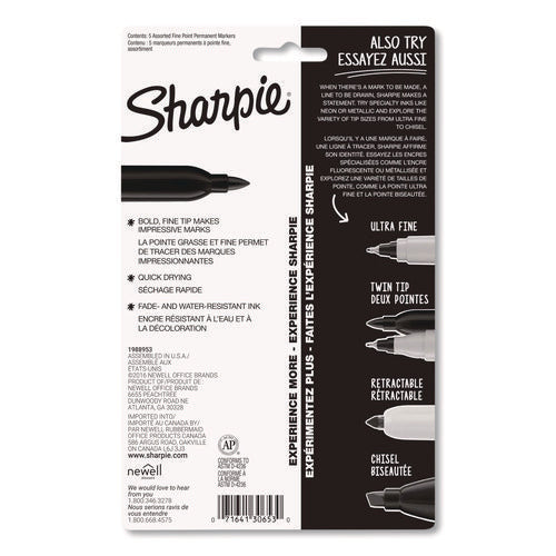 Fine Tip Permanent Marker, Fine Bullet Tip, Assorted Ink Colors, 5/pack