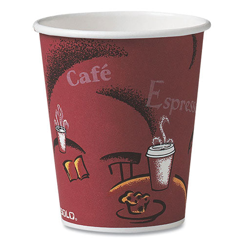 Paper Hot Drink Cups In Bistro Design, 3.35" Diameter X 3.82" H, 10 Oz, Maroon, 1,000/carton