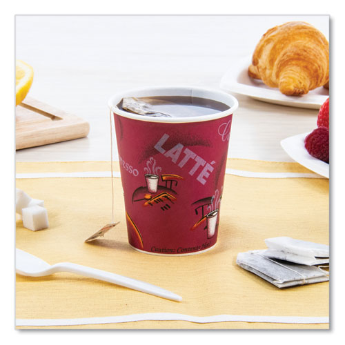 Paper Hot Drink Cups In Bistro Design, 10 Oz, Maroon, 50/pack