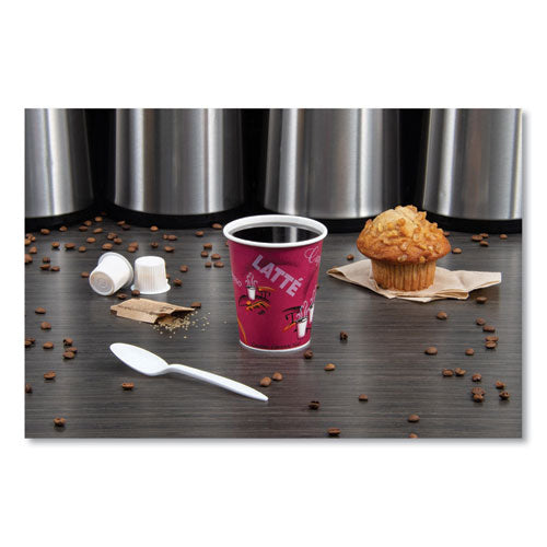 Paper Hot Drink Cups In Bistro Design, 3.35" Diameter X 3.82" H, 10 Oz, Maroon, 1,000/carton