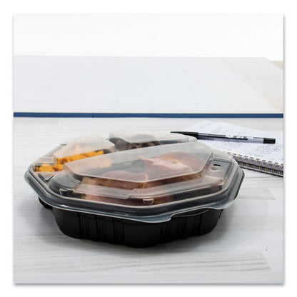 Octaview Hinged-lid Hot Food Containers, 3 Compartments, 38 Oz, 9.55 X 9.1 X 2.4, Black/clear, Plastic, 100/carton