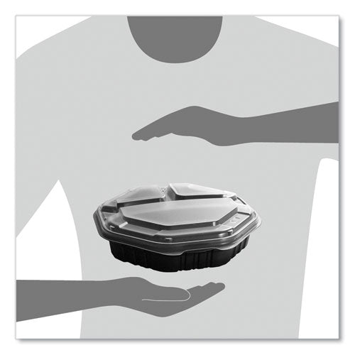Octaview Hinged-lid Hot Food Containers, 3 Compartments, 38 Oz, 9.55 X 9.1 X 2.4, Black/clear, Plastic, 100/carton