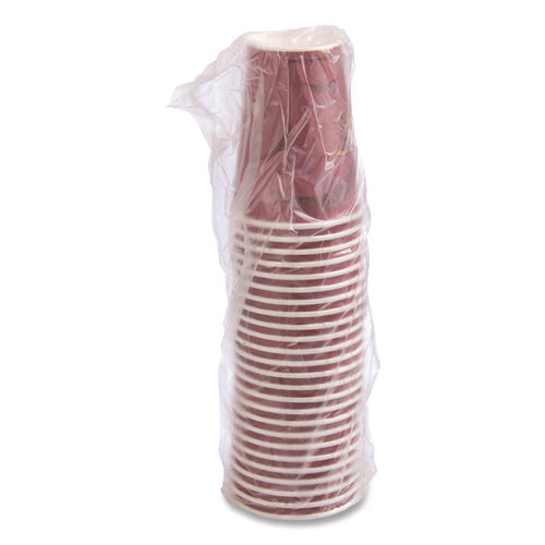 Paper Hot Drink Cups In Bistro Design, 12 Oz, Maroon, 300/carton