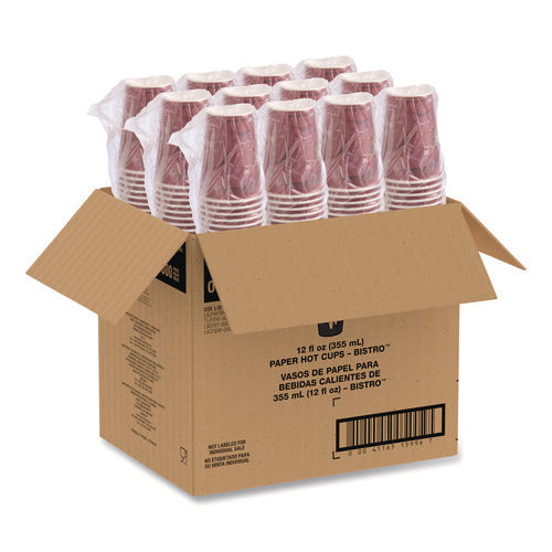 Paper Hot Drink Cups In Bistro Design, 12 Oz, Maroon, 300/carton