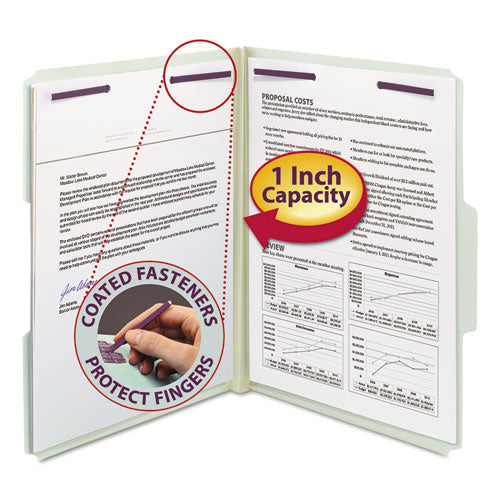 Recycled Pressboard Fastener Folders, 1/3-cut Tabs, Two Safeshield Fasteners, 1" Expansion, Letter Size, Gray-green, 25/box