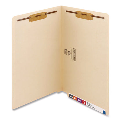 End Tab Fastener Folders With Reinforced Straight Tabs, 11-pt Manila, 2 Fasteners, Legal Size, Manila Exterior, 50/box