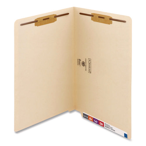 End Tab Fastener Folders With Reinforced Straight Tabs, 11-pt Manila, 2 Fasteners, Legal Size, Manila Exterior, 50/box