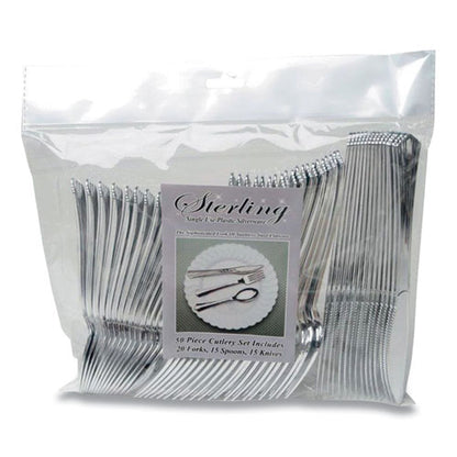 Sterling Assorted Plastic Cutlery, Mediumweight, (20) Forks/(15) Knives/(15) Spoons, Plastic, Silver, 50/pack