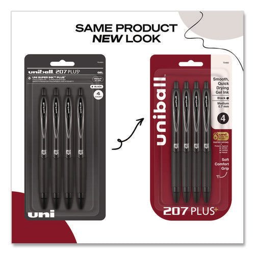 207 Plus+ Gel Pen, Retractable, Medium 0.7 Mm, Black Ink, Black Barrel, 4/pack