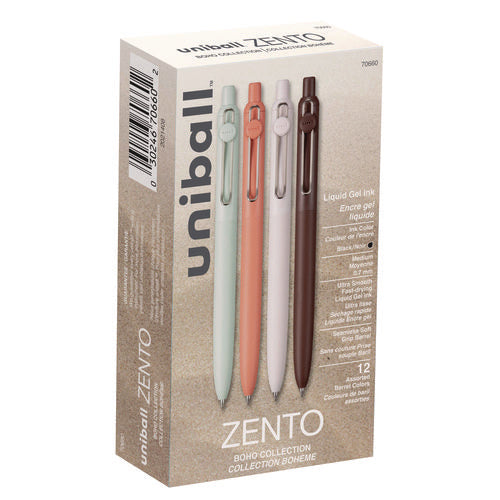 Zento Gel Pen, Retractable, Medium 0.7 Mm, Black Ink, Assorted Barrel Colors, Dozen