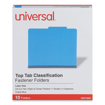 Bright Colored Pressboard Classification Folders, 2" Expansion, 1 Divider, 4 Fasteners, Letter Size, Cobalt Blue, 10/box